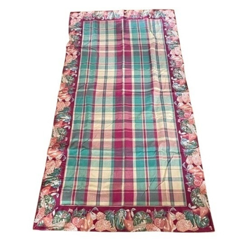 April Cornell Vintage Plaid Tropical Fruit Cotton Tablecloth 50x90 Burgundy Teal